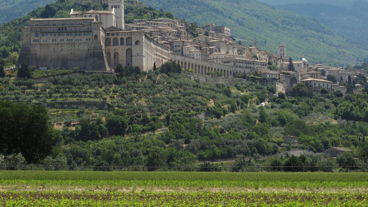 Assisi and the Basilica of San Francesco on the flank of Monte Subasio.