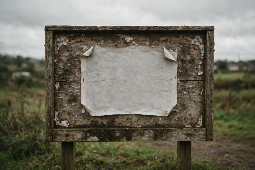 A weathered wooden noticeboard in a field, holding one sun-bleached poster whose ink has faded away completely, surrounded by rusted staples and torn corners of older notices.