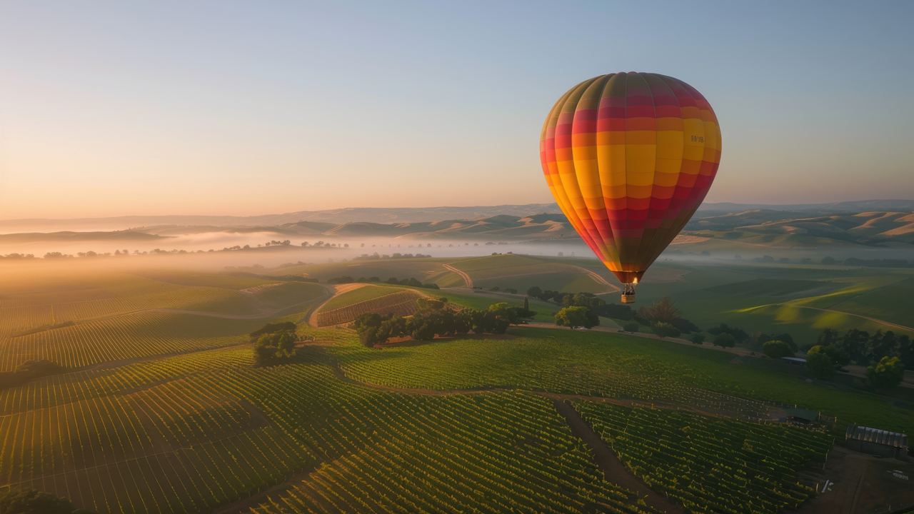 Hot air balloon flying low over rolling vineyards at sunrise