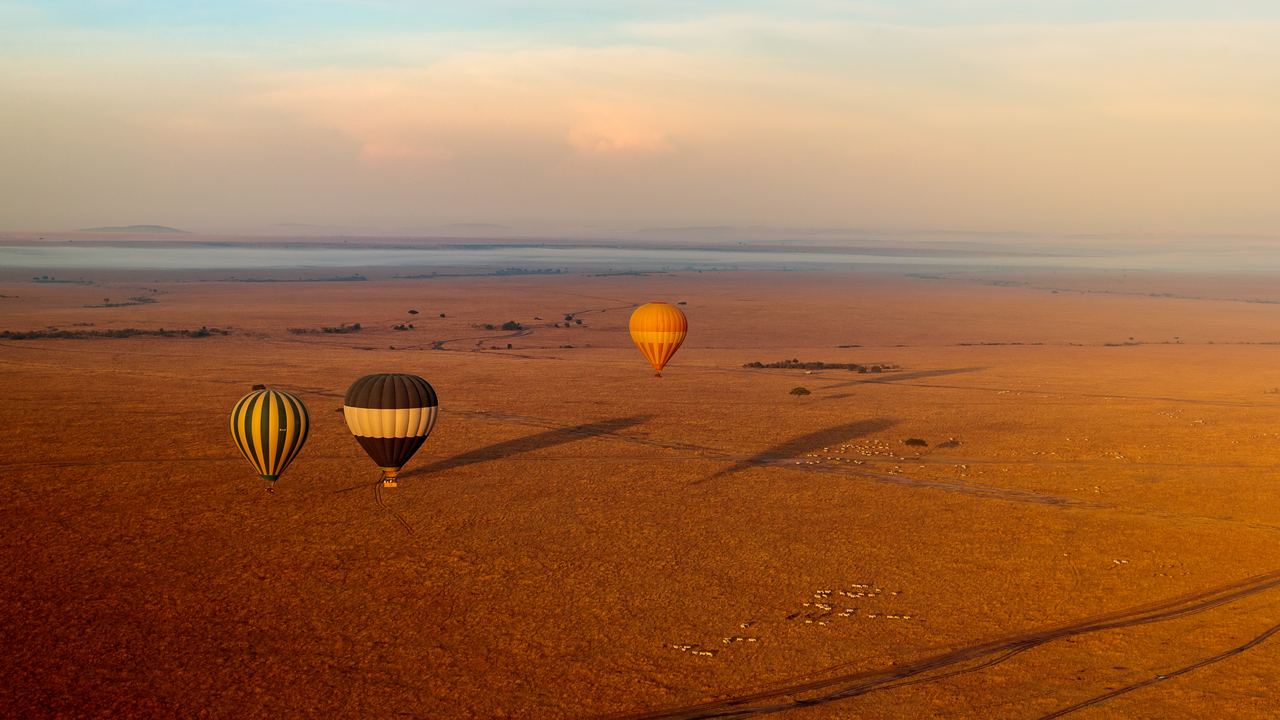 Three hot air balloons flying over African grassland at sunrise, seen from above
