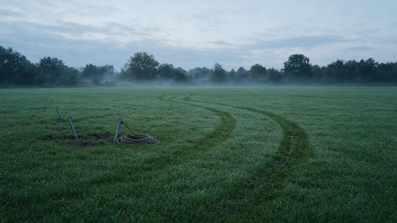 A mown field at dawn with tyre tracks curving through wet grass, three tethering stakes and a coiled rope left in place, and mist over the treeline. No balloons and no people.