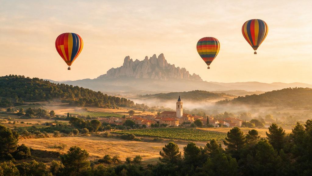 Balloons over the Catalan countryside with Montserrat on the horizon