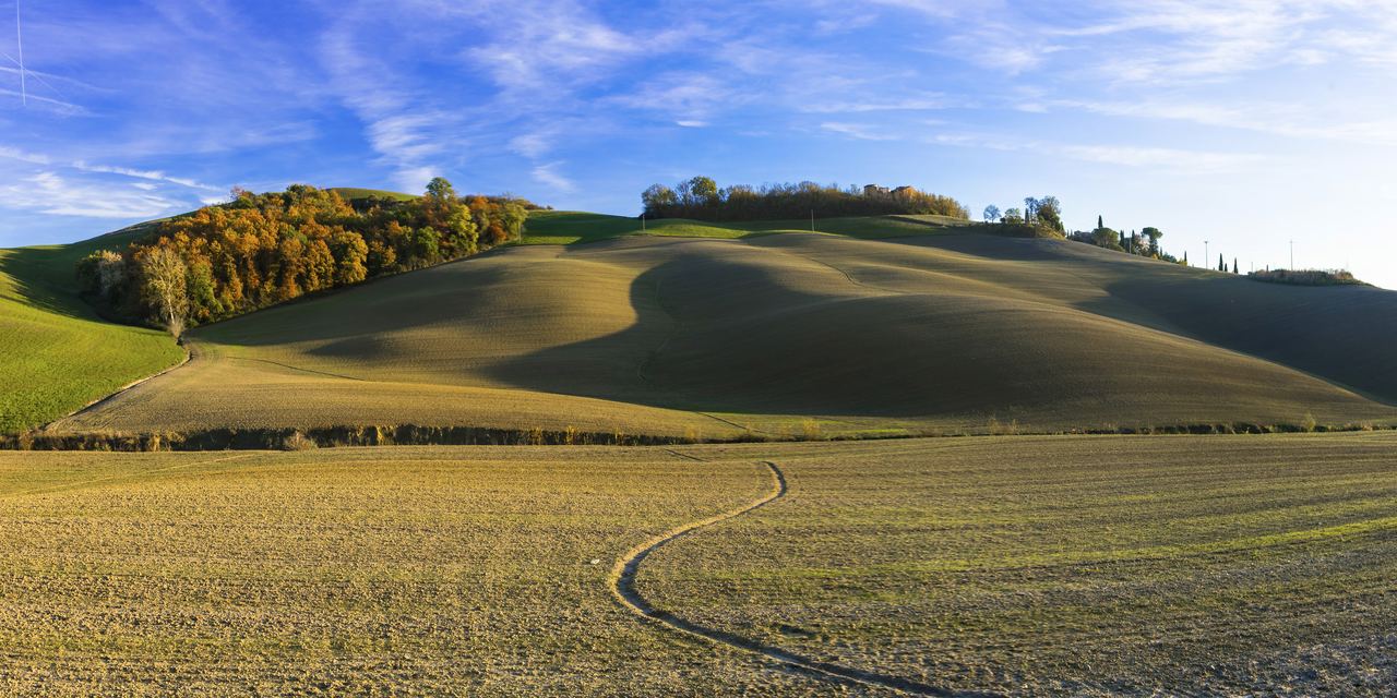 Ploughed clay ridges and a hilltop farmhouse in the Crete Senesi south-east of Siena, Tuscany