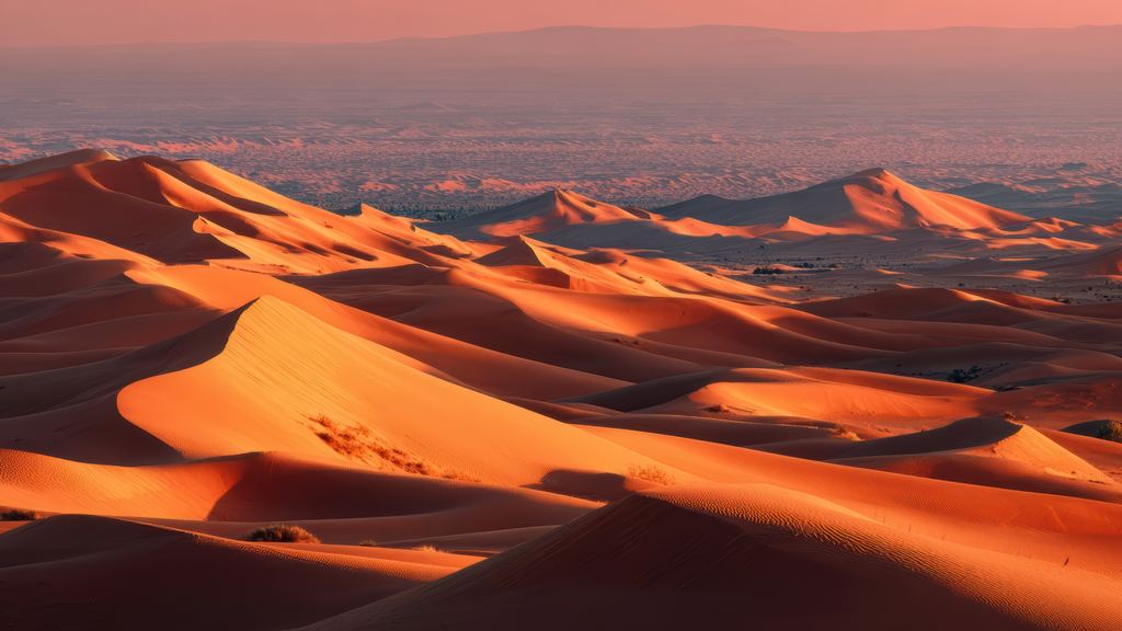 Ridges of desert sand dunes raked by low golden light shortly after sunrise