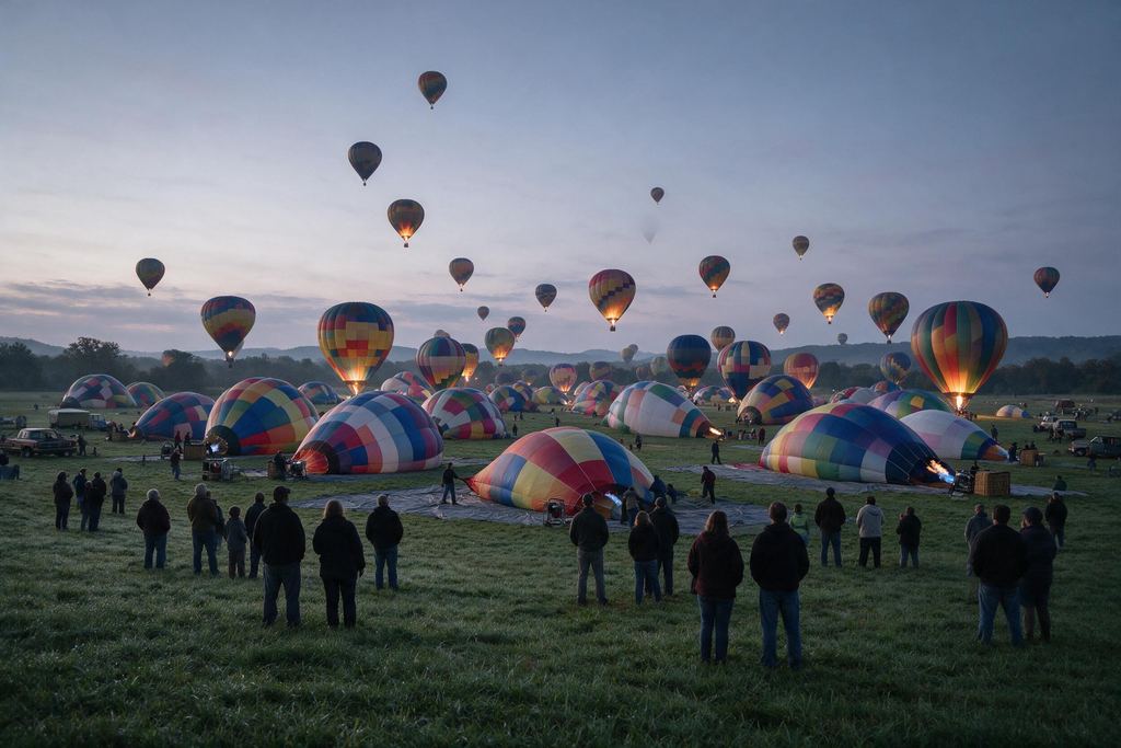 Spectators standing on a grass field at dawn while dozens of hot air balloons inflate on the ground and rise into a pale sky.