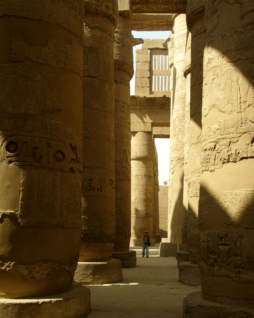 Columns of the Great Hypostyle Hall in the Precinct of Amun-Re at Karnak, Luxor, Egypt, carved with sunk relief