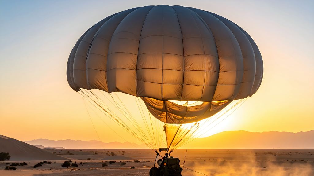 Ground crew inflating a hot air balloon envelope on desert sand before a sunrise take-off