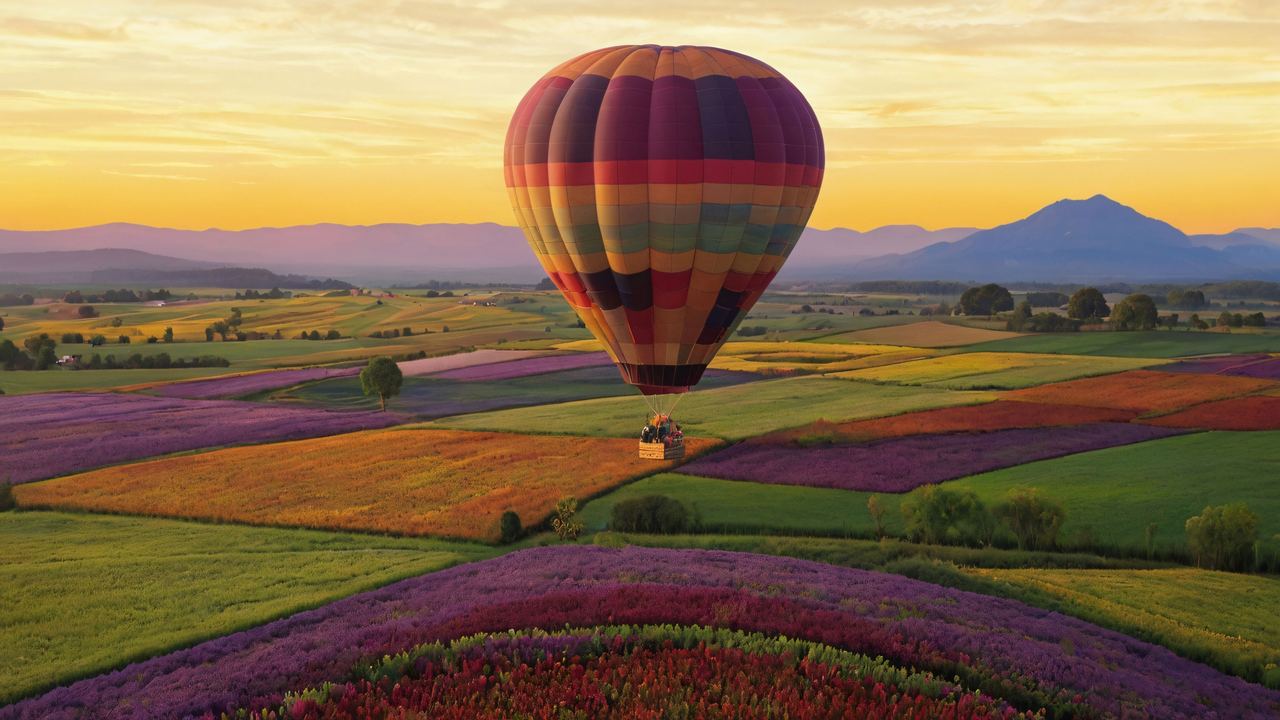 Hot air balloon drifting low over cultivated farm fields in early light