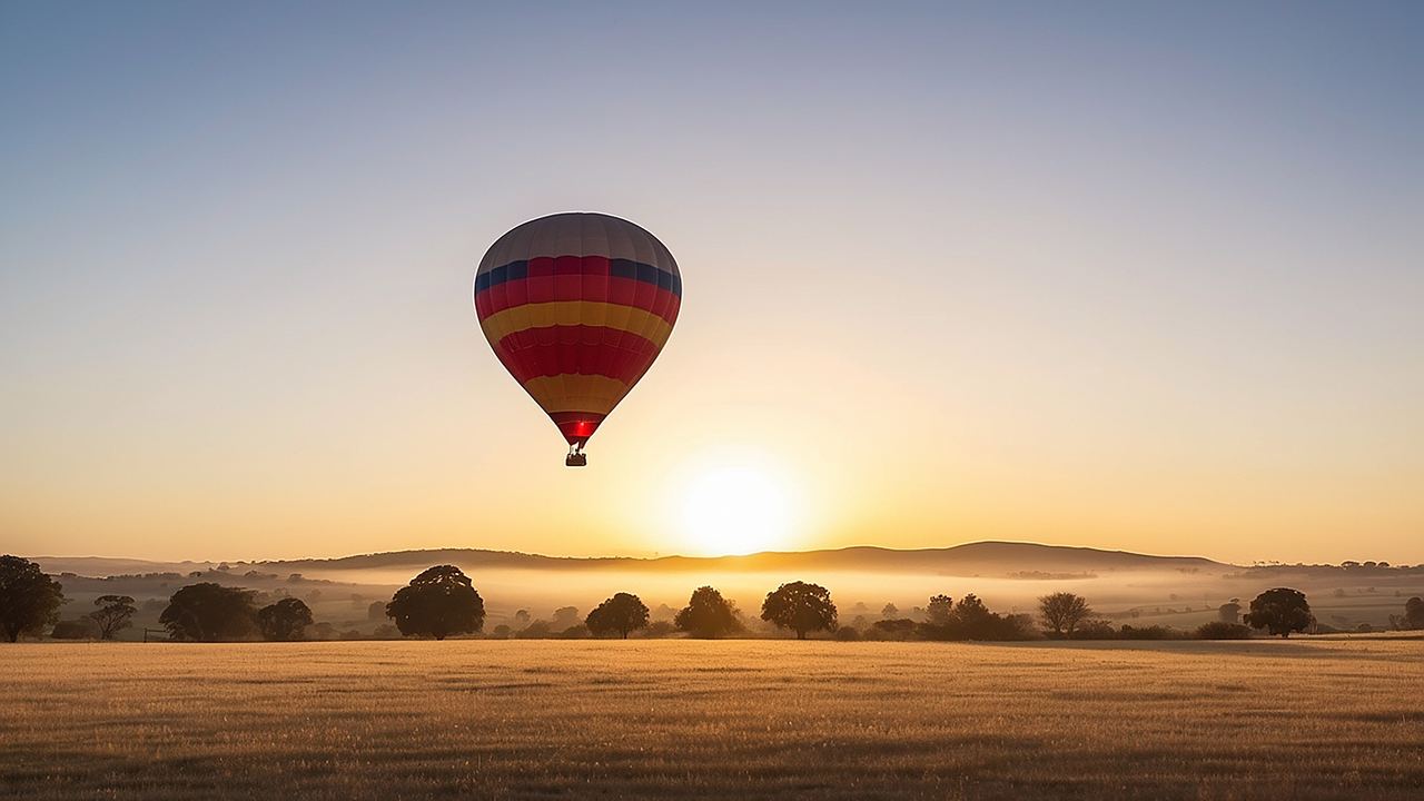 Hot air balloon flying low over open farmland