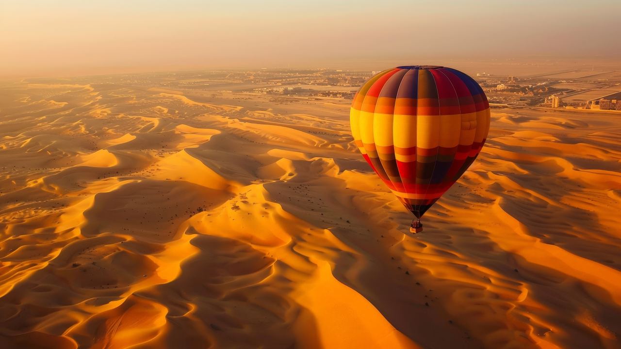 Hot air balloon flying low over golden sand dunes in the Dubai desert at sunrise