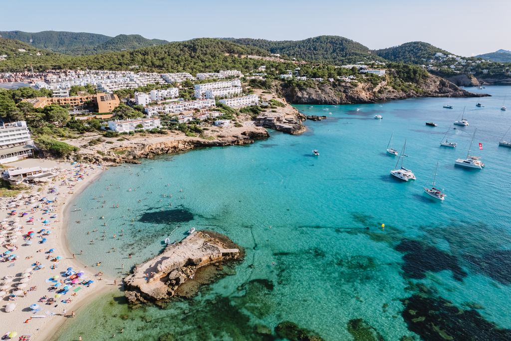 Aerial view of Cala Tarida on the west coast of Ibiza, Spain, with pine slopes running down to the sea
