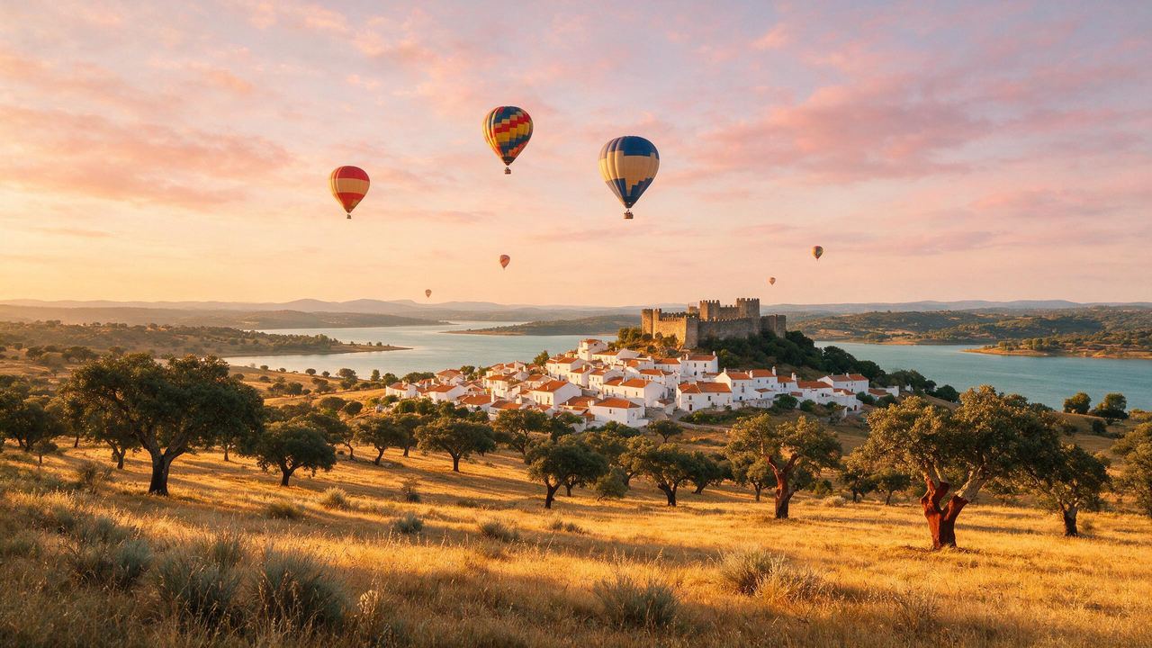 Balloons over a hilltop village and reservoir in the Alentejo