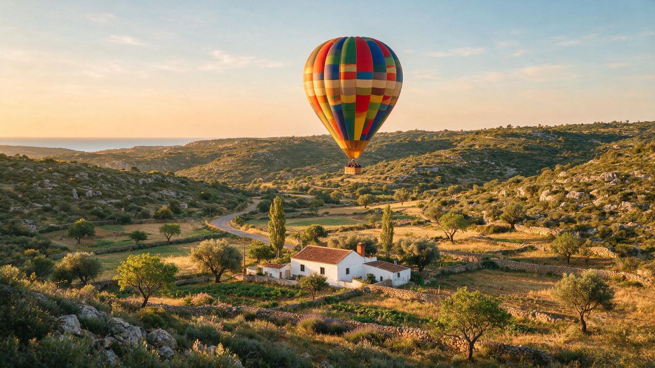 A balloon over the Algarve barrocal at first light