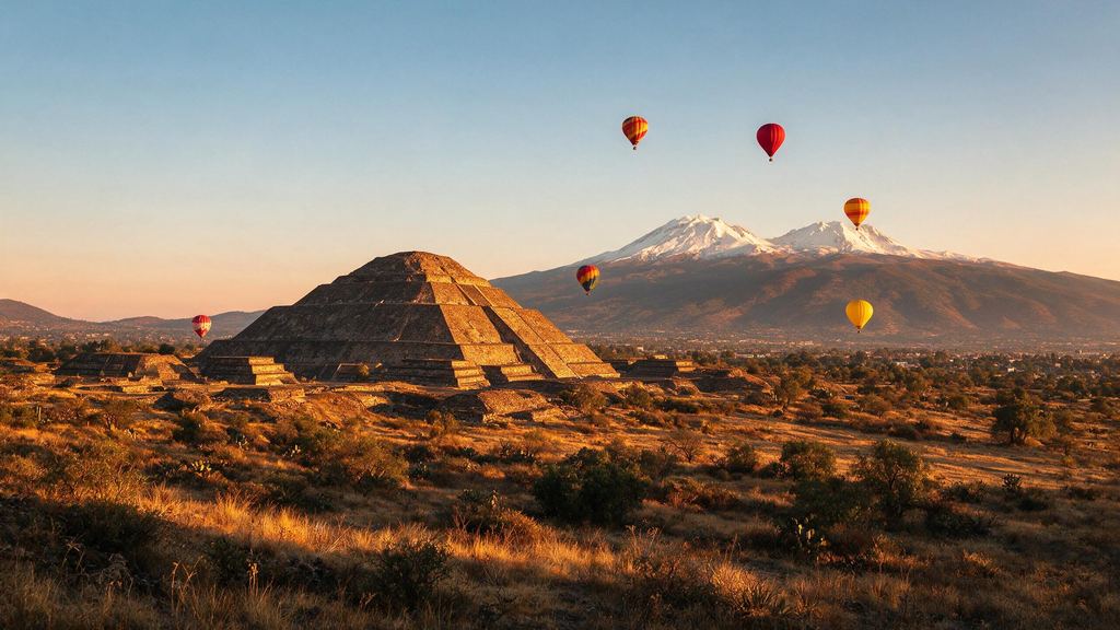 Balloons over a Mesoamerican pyramid site at winter sunrise