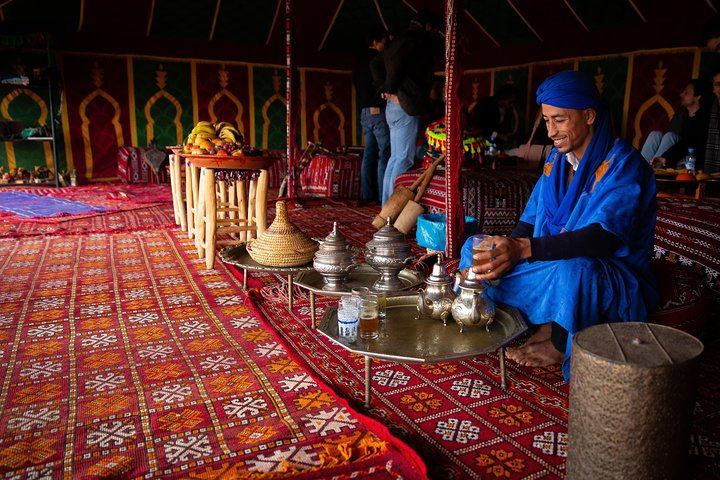 Mint tea, like that being prepared here, is a traditional Moroccan breakfast beverage.