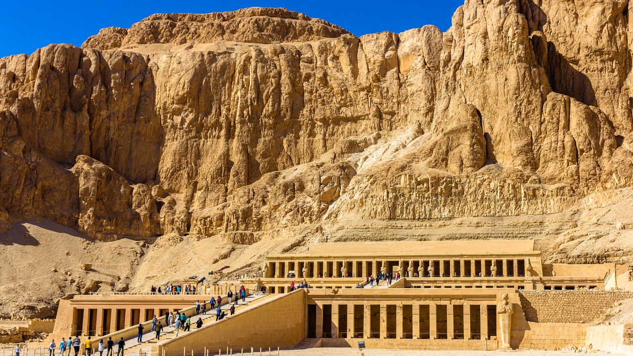 The mortuary temple of Hatshepsut at Deir el-Bahari, built back into the cliff and best read from above.
