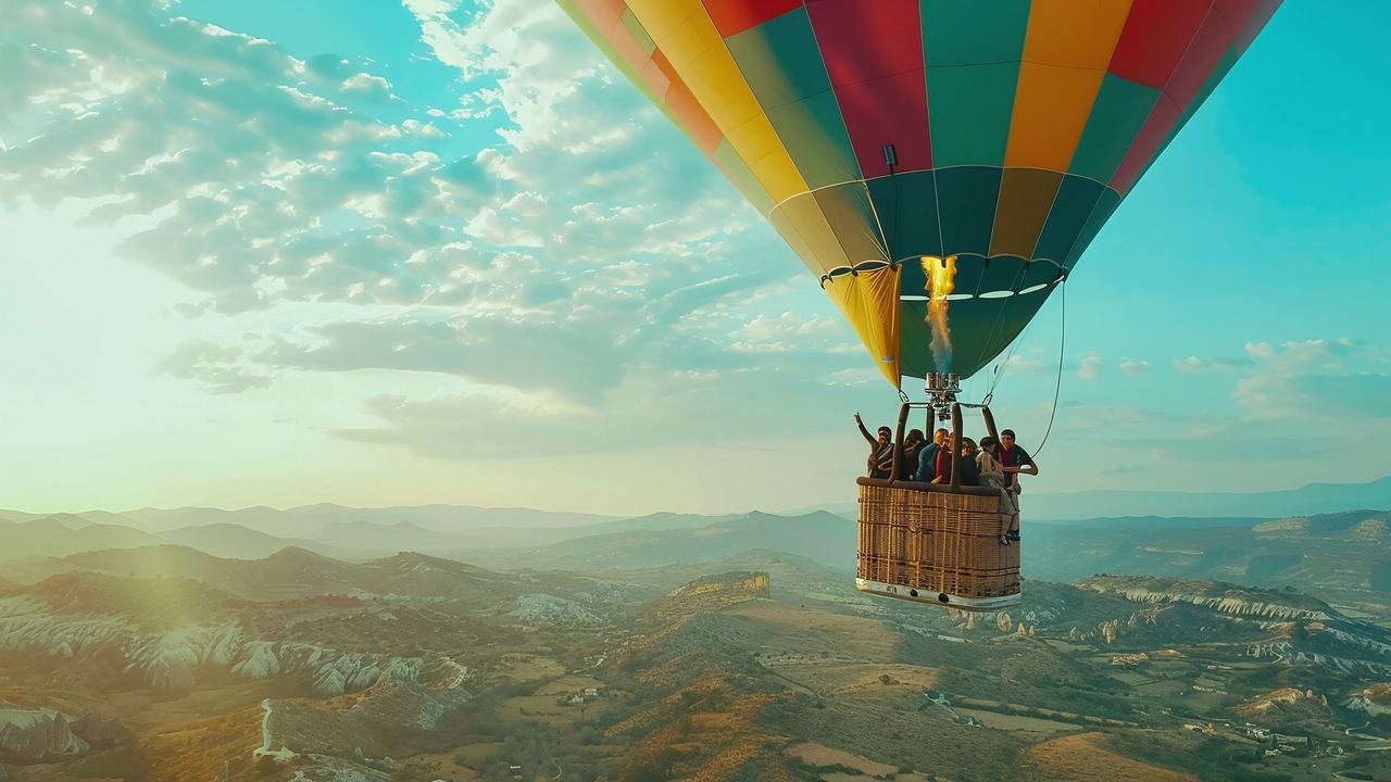 A group of passengers standing in a hot air balloon basket as it flies over mountains