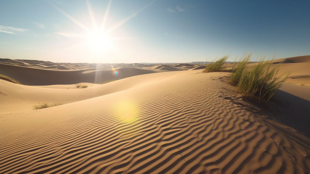 Empty sand dunes stretching to the horizon under a high, hazy sun