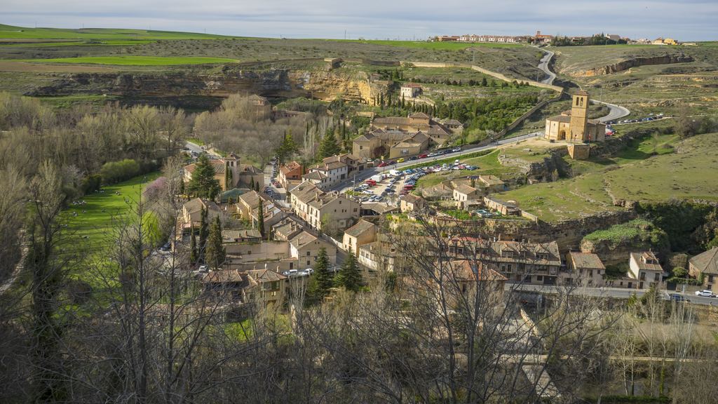 Aerial view of Segovia, Spain, with the medieval old town, the cathedral and the Roman aqueduct