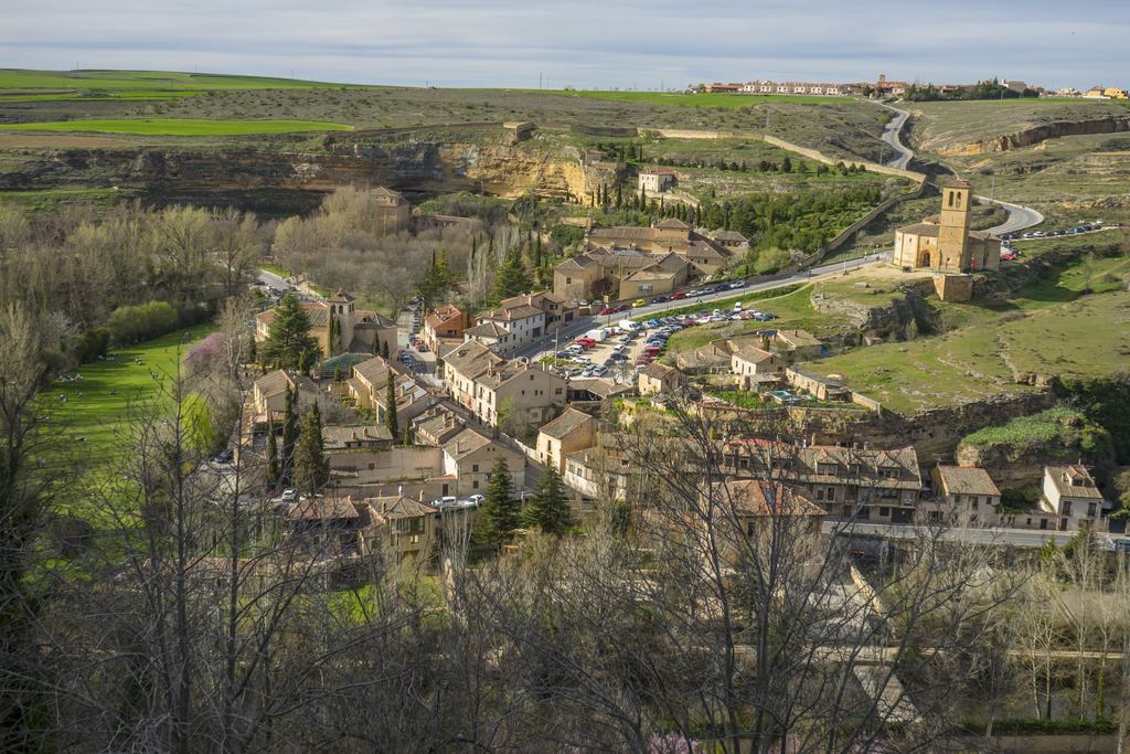 Aerial view of Segovia, Spain, with the medieval old town and the Roman aqueduct