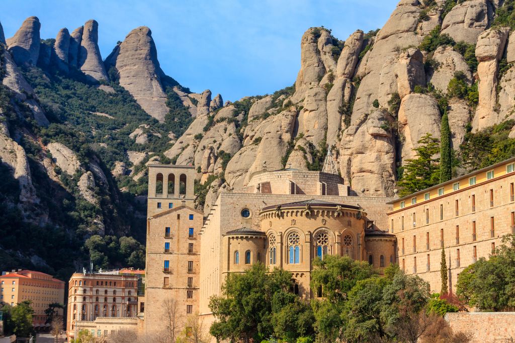 The serrated rock massif of Montserrat in Catalonia, the landmark on the horizon from balloon flights over the Anoia plain near Barcelona