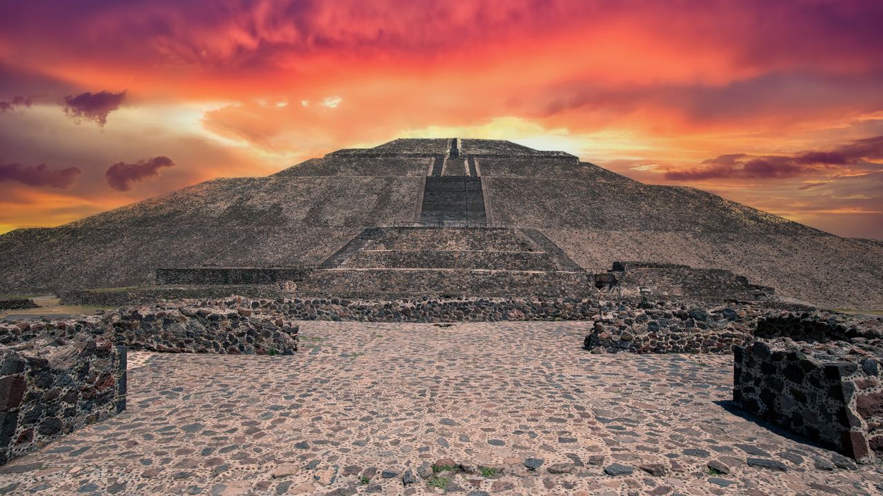 The pyramids of Teotihuacan seen across the Mexican highland valley north-east of Mexico City