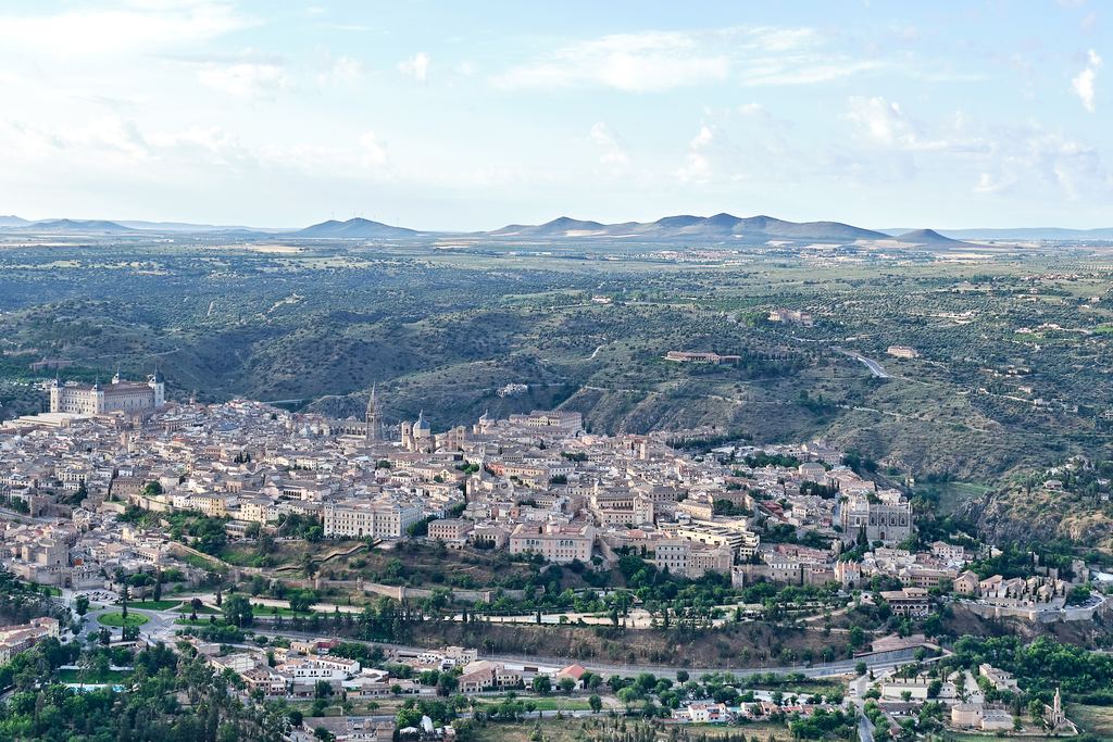 Aerial view of the walled city of Toledo, Spain, seen from a hot air balloon over the north side