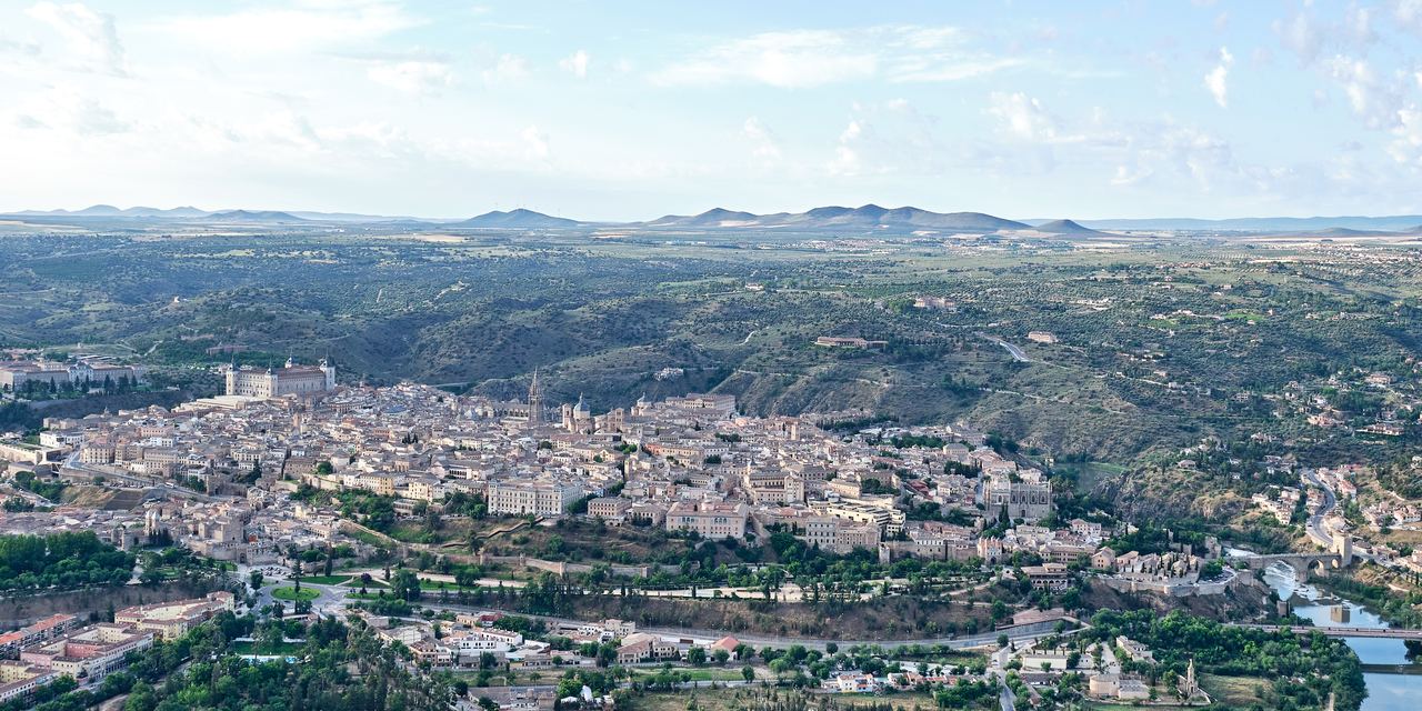 Aerial view of the walled city of Toledo, Spain, seen from a hot air balloon over the north side
